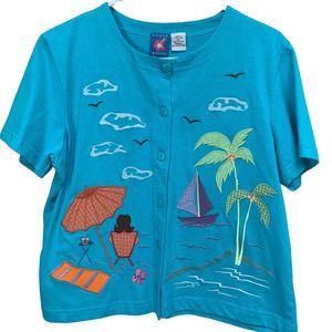 Fantastic Cotton Beach Scene Button Down Petite Medium